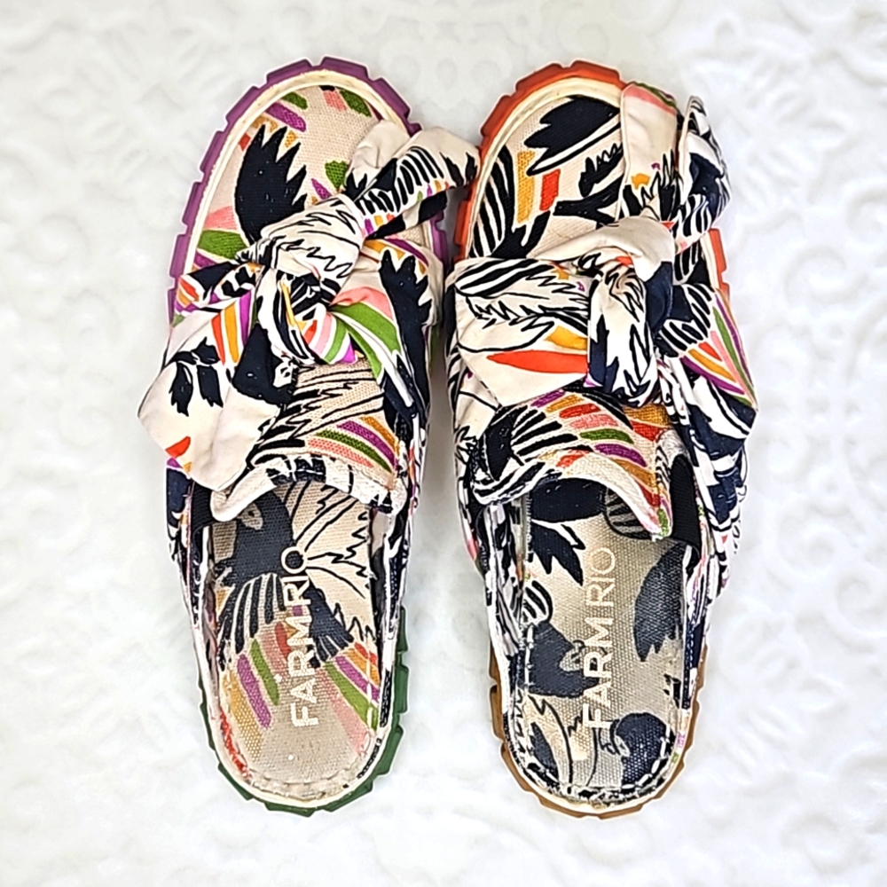 FARM RIO Birds Mule Sneakers Women’s Bow Slides Floral Multicolor Sz 7 VGUC